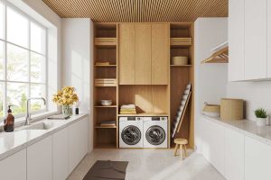 White modern design apartment interior with laundry room