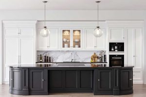 Modern kitchen interior with white and gray walls